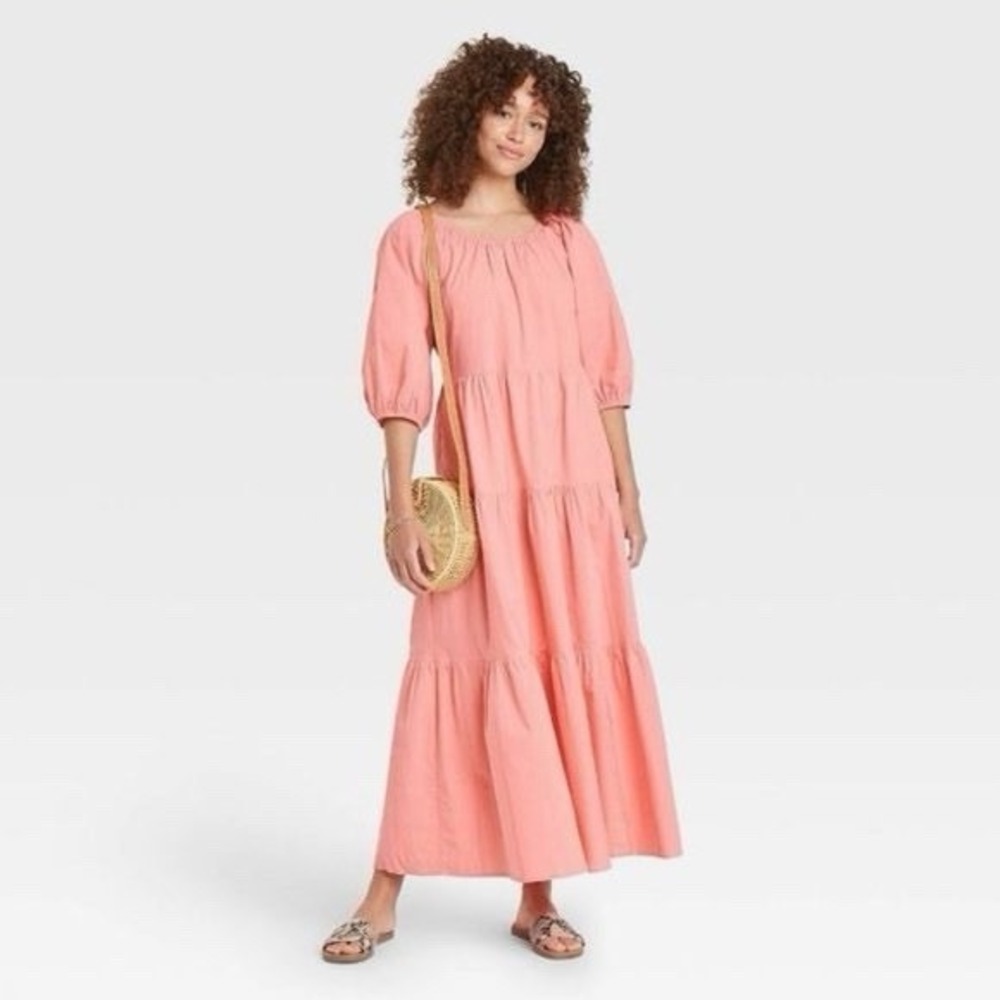 Universal Thread 100% Cotton‎ Coral Pink Eyelet Tiered Maxi Dress Medium Boho